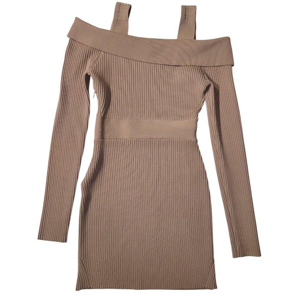 HERVÉ by Hervé Léger Off Shoulder Logo Strap Mini Dress, Taupe, Sz. S